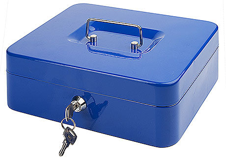 Blaue Geldkassette mit Schlüssel.