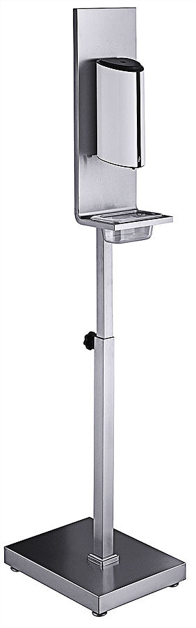 Desinfektionsmittelspender auf Edelstahlständer.