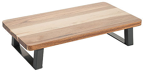 Holztablett mit schwarzen Metallfüßen.
