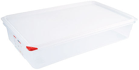 Transparente Kunststoff-Aufbewahrungsbox mit Deckel.