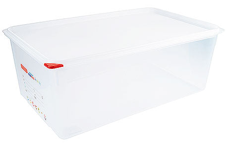 Transparente Kunststoff-Aufbewahrungsbox mit Deckel.