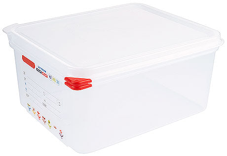 Transparenter Lebensmittelbehälter mit Deckel.