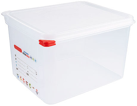 Transparente Kunststoffbox mit Deckel.