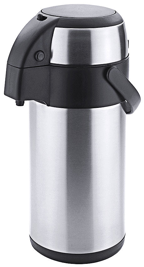 Silberne Thermoskanne mit Pumpmechanismus.