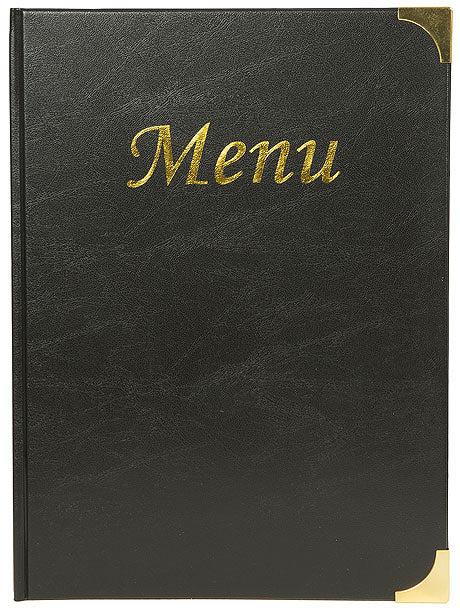 Schwarzes Menü mit goldener Schrift.