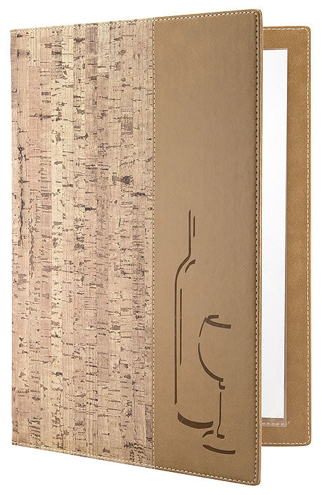 Speisekarte mit Flaschen-Glas-Motiv.