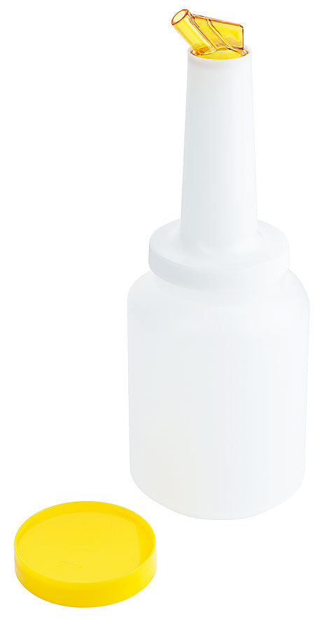 Weiße Flasche mit gelbem Deckel.