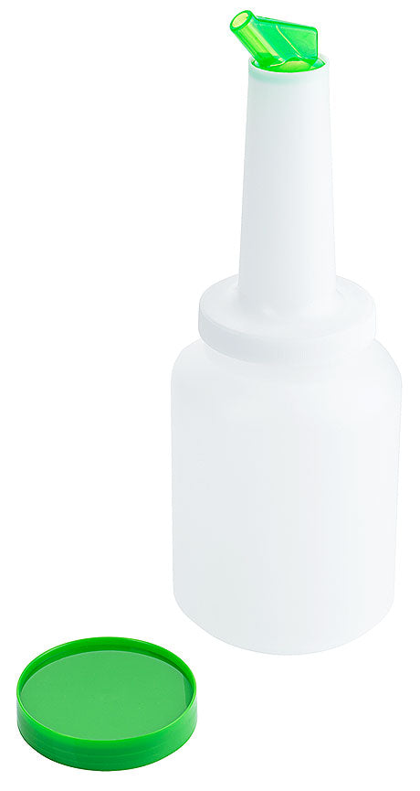 Weiße Flasche mit grünem Deckel.