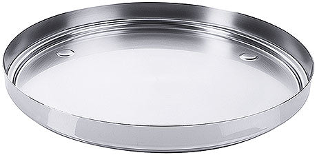 Rundes, silbernes Serviertablett aus Metall.
