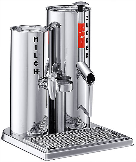 Milch- und Zuckerdispenser aus Edelstahl.