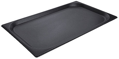 Schwarzes GN-Behältertablett aus Kunststoff.
