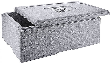 Graue Isolierbox mit Deckel.