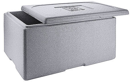 Graue Isolierbox mit Deckel.