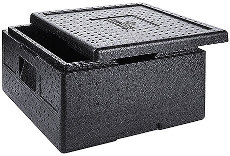 Schwarze Isolierbox mit Deckel.