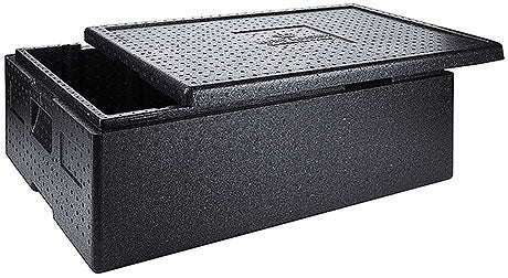 Schwarze Isolierbox mit Deckel.