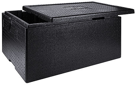 Schwarze Isolierbox mit Deckel.