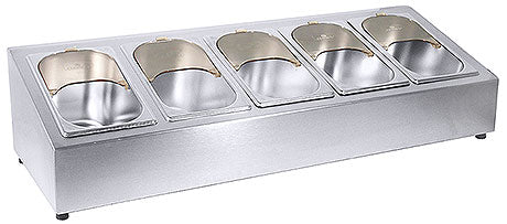 Buffet-Behälter aus Edelstahl, leer.