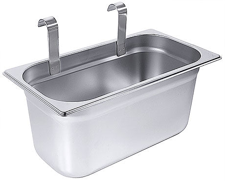 Edelstahl-Gastronormbehälter mit Haken.