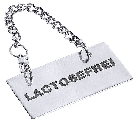 Metallschild mit "Lactosefrei"-Aufschrift.
