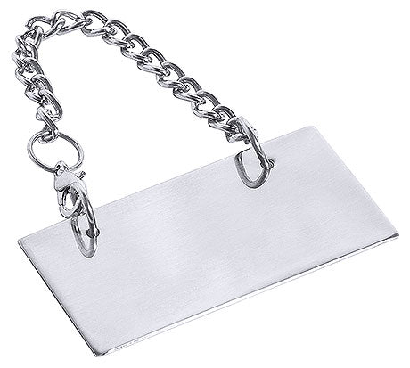 Metallschild mit Kette, unbeschriftet.