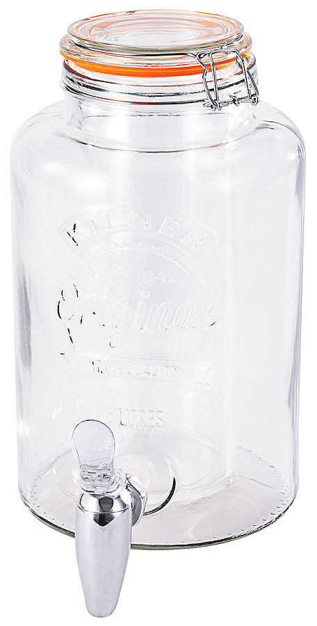 Großer Glasgetränkespender mit Zapfhahn.