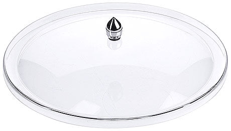 Runde, transparente Servierplatte mit Deckel.