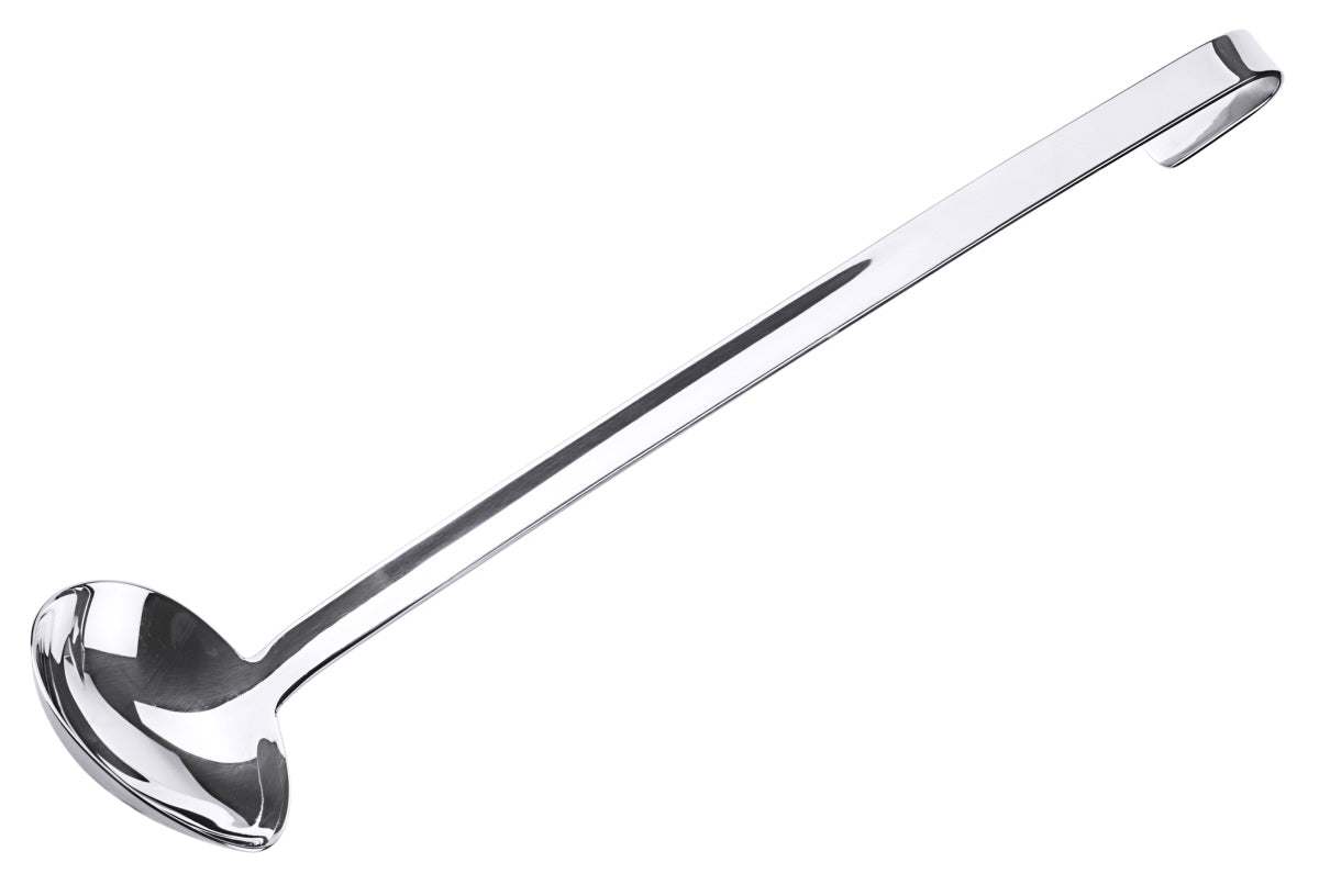 Silberne Suppenkelle mit Haken.