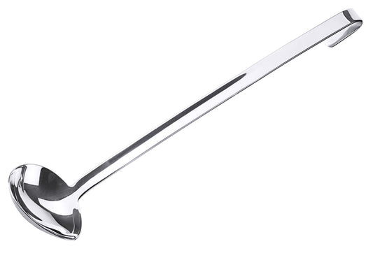 Silberne Suppenkelle mit Haken.