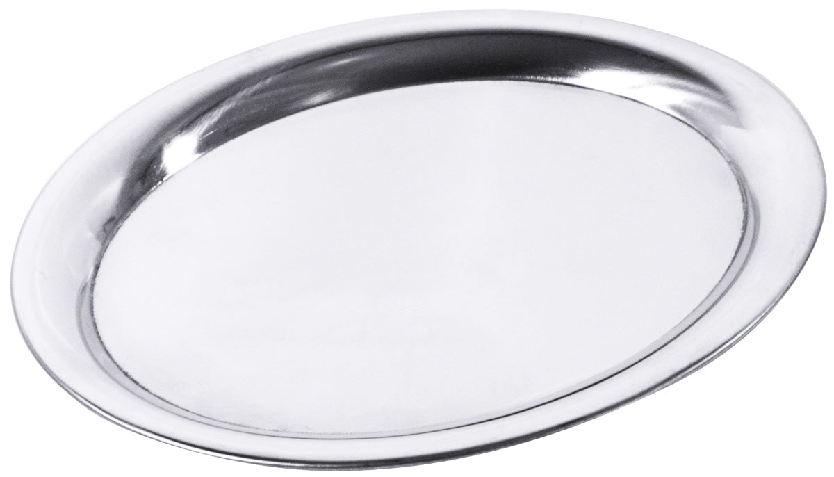 Silbernes, ovales Serviertablett aus Metall.