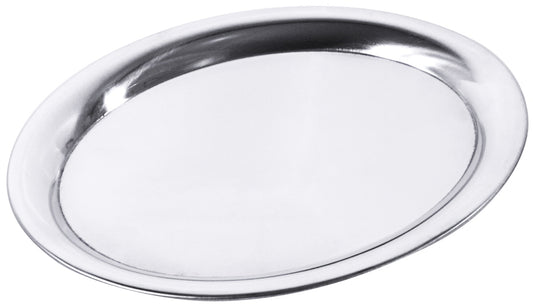 Silbernes, ovales Serviertablett aus Metall.