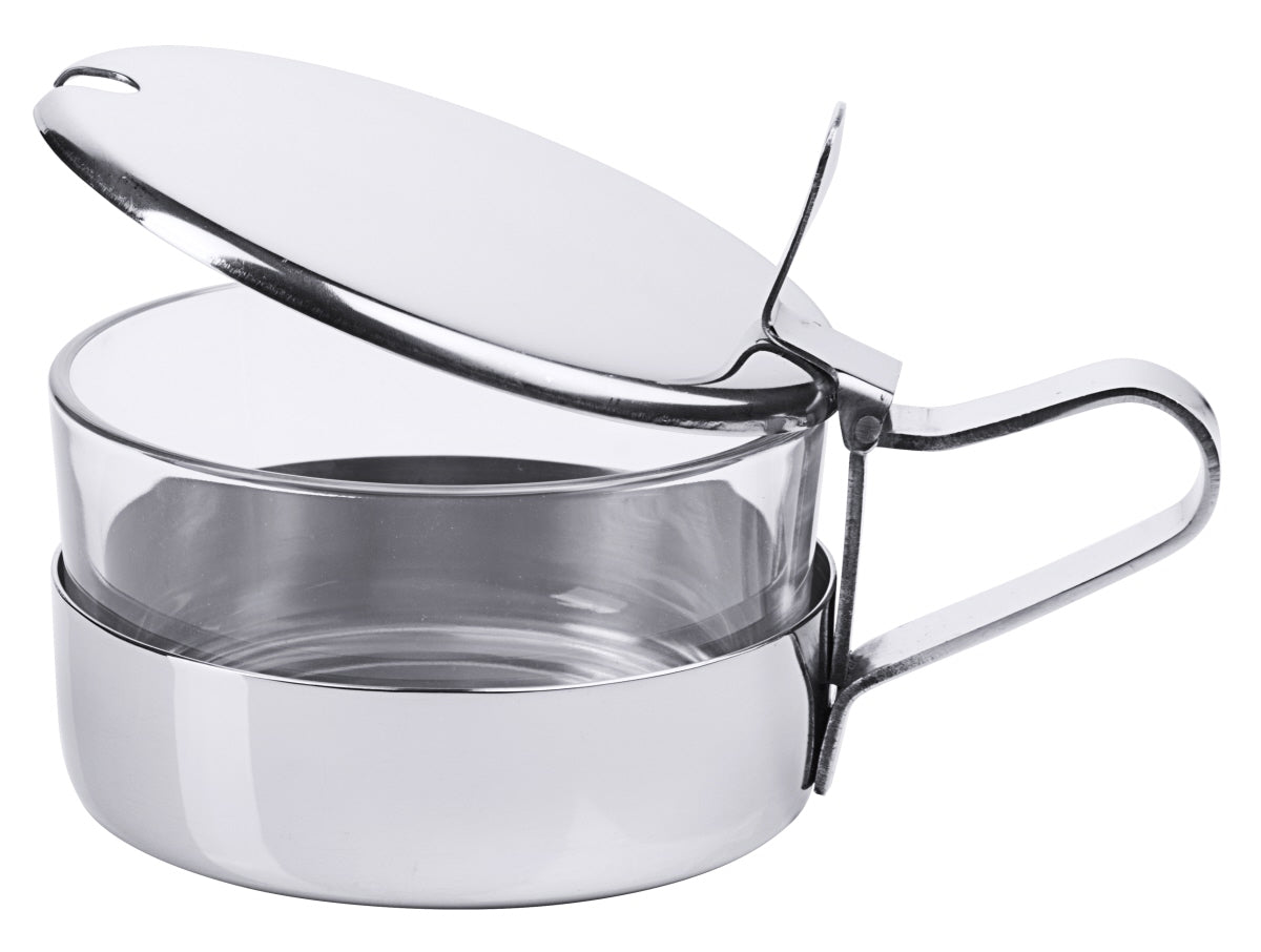 Glasbehälter mit Metallhalterung, Deckel.