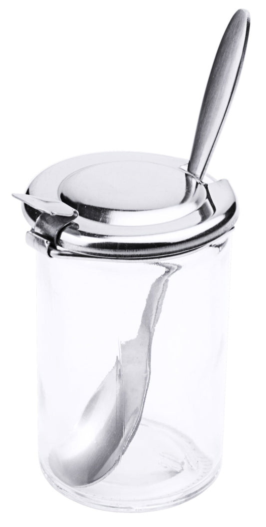 Glasbehälter mit Löffel und Deckel.