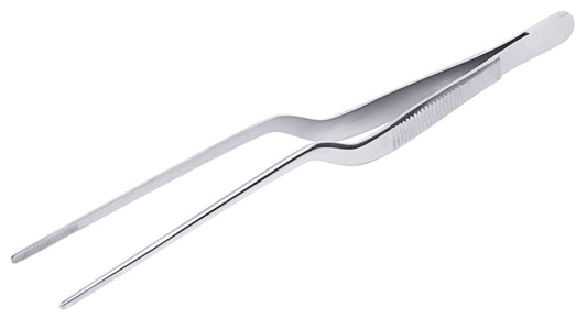 Silberne Küchenpinzette aus Metall.