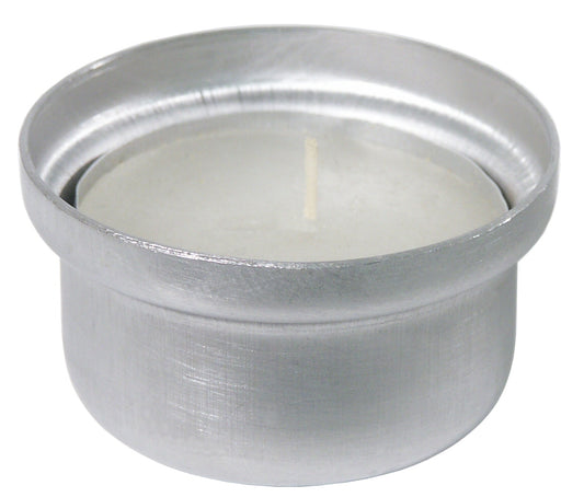 Teelicht in Aluminiumhalterung.