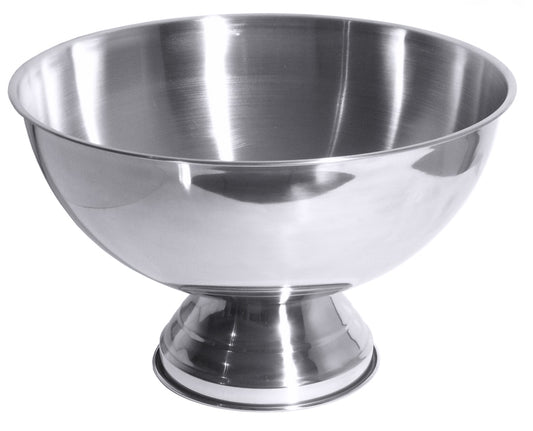 Silberne Metallschüssel auf Sockel.