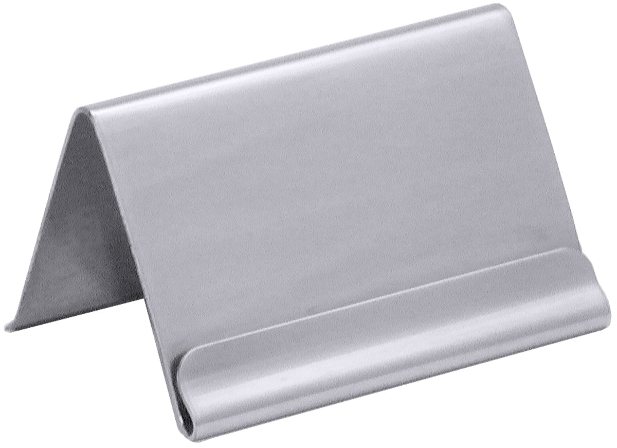 Silberner Tischkartenhalter aus Metall.