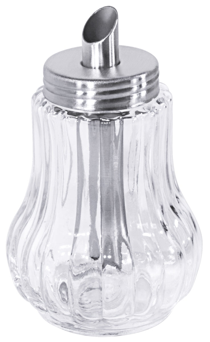 Zuckerspender aus Glas und Metall.