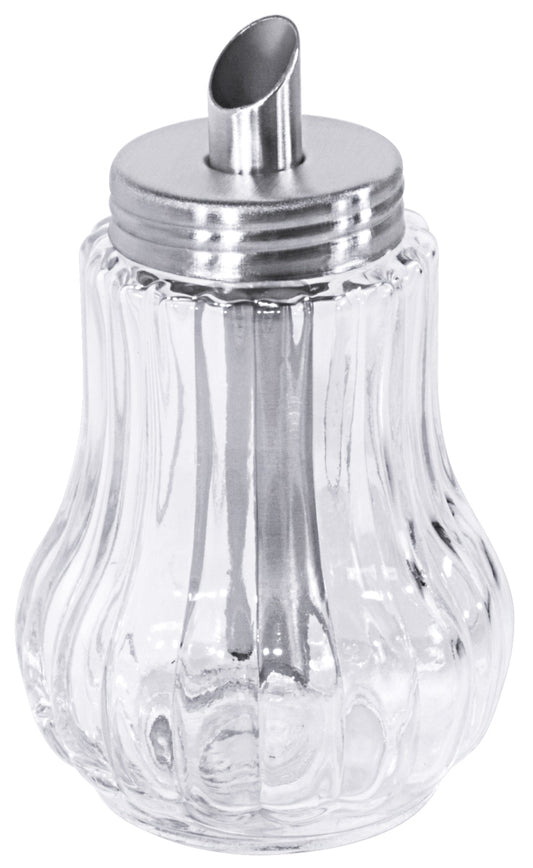 Zuckerspender aus Glas und Metall.