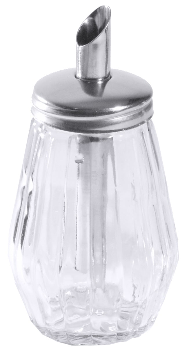 Zuckerspender aus Glas und Metall.