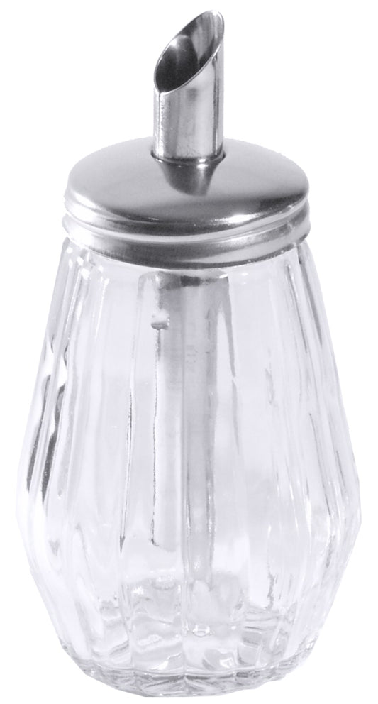 Zuckerspender aus Glas und Metall.