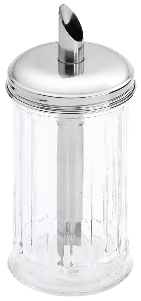 Zuckerspender aus Glas und Metall.