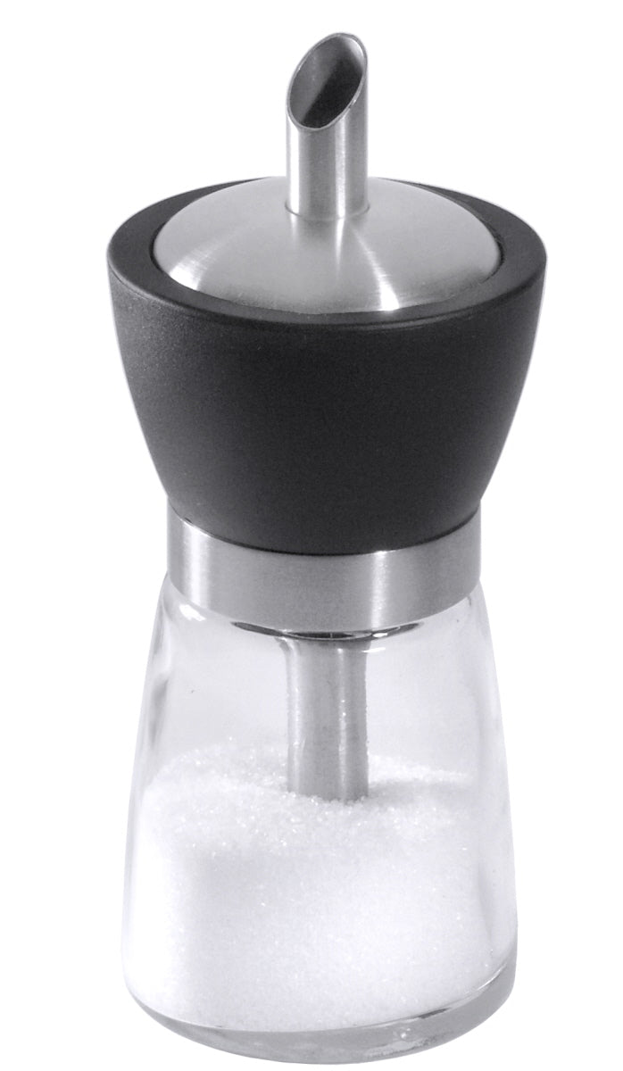 Zuckerspender aus Glas und Metall.