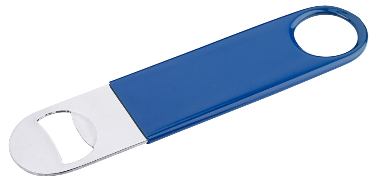 Blauer Flaschenöffner aus Metall.
