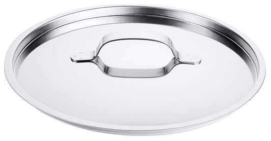 Vier Edelstahl-Topfdeckel nebeneinander.