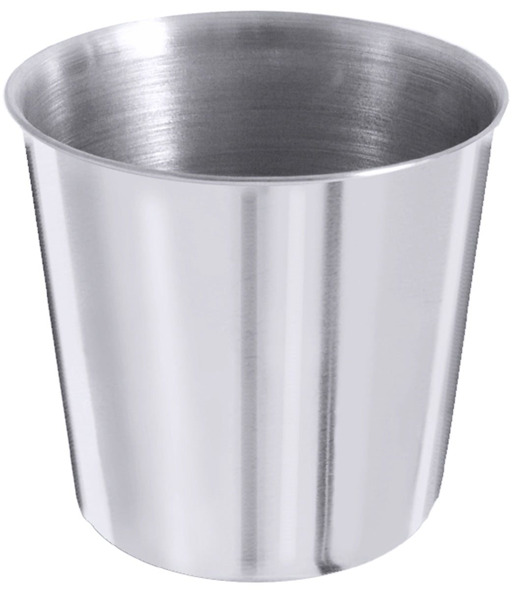 Metallbecher aus Edelstahl, glänzend.