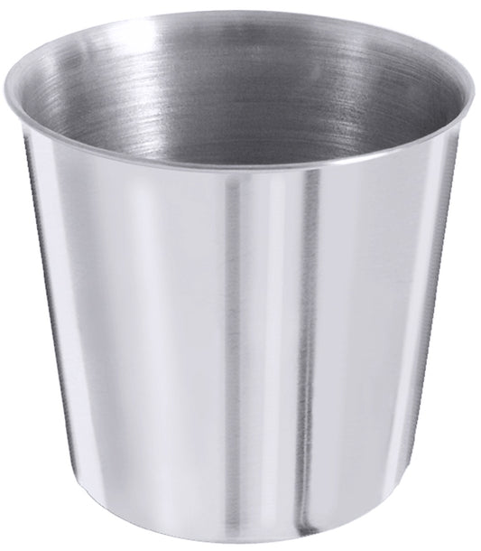 Metallbecher aus Edelstahl, glänzend.
