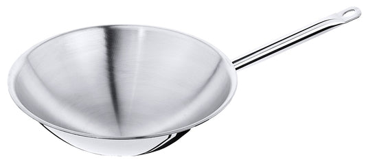 Edelstahl-Wok mit langem Griff.