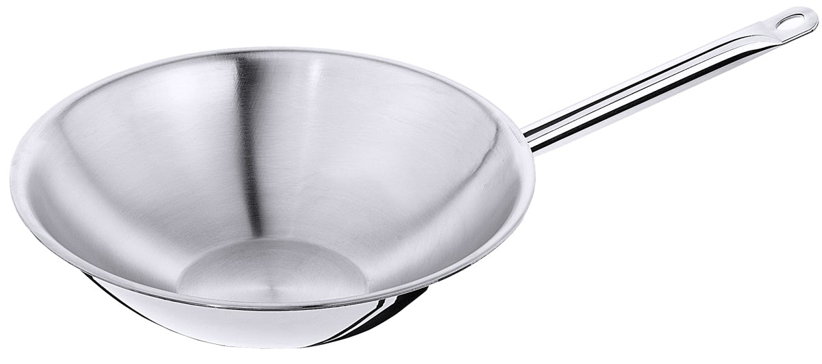Silberner Wok mit Griff.