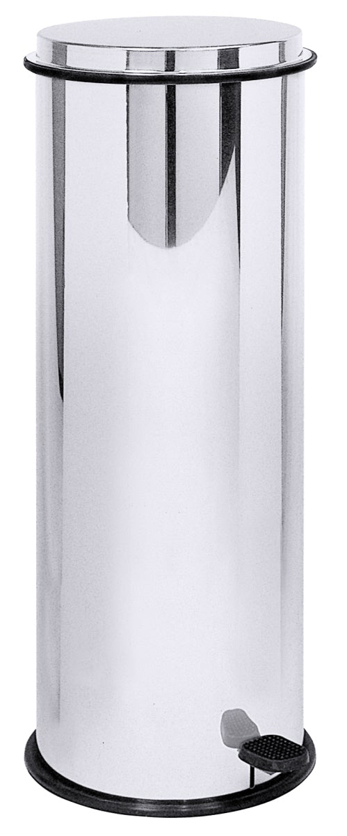 Silberner zylindrischer Mülleimer mit Pedal.