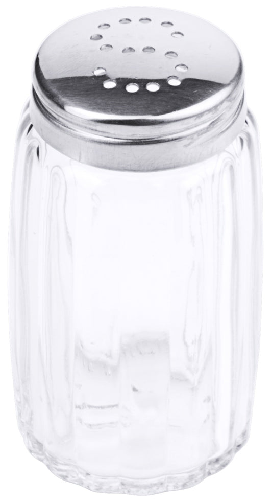 Salzstreuer aus Glas und Metall.